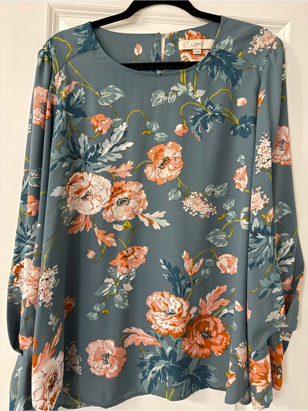 LOFT Slate Blue Floral Blouse with Coral and Cream Blooms